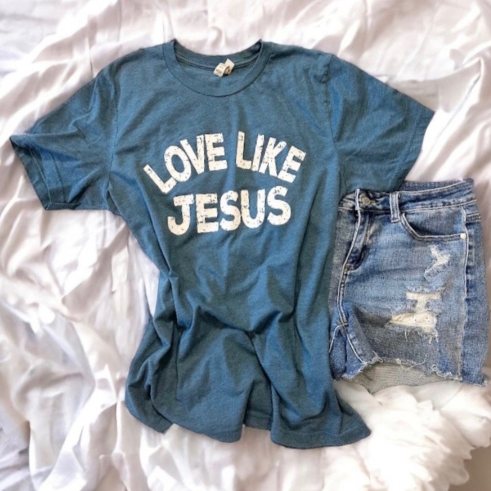 Bella Canvas-“Love Like Jesus” Short sleeve Tee-Blue/Teal-EUC-Sz Large
